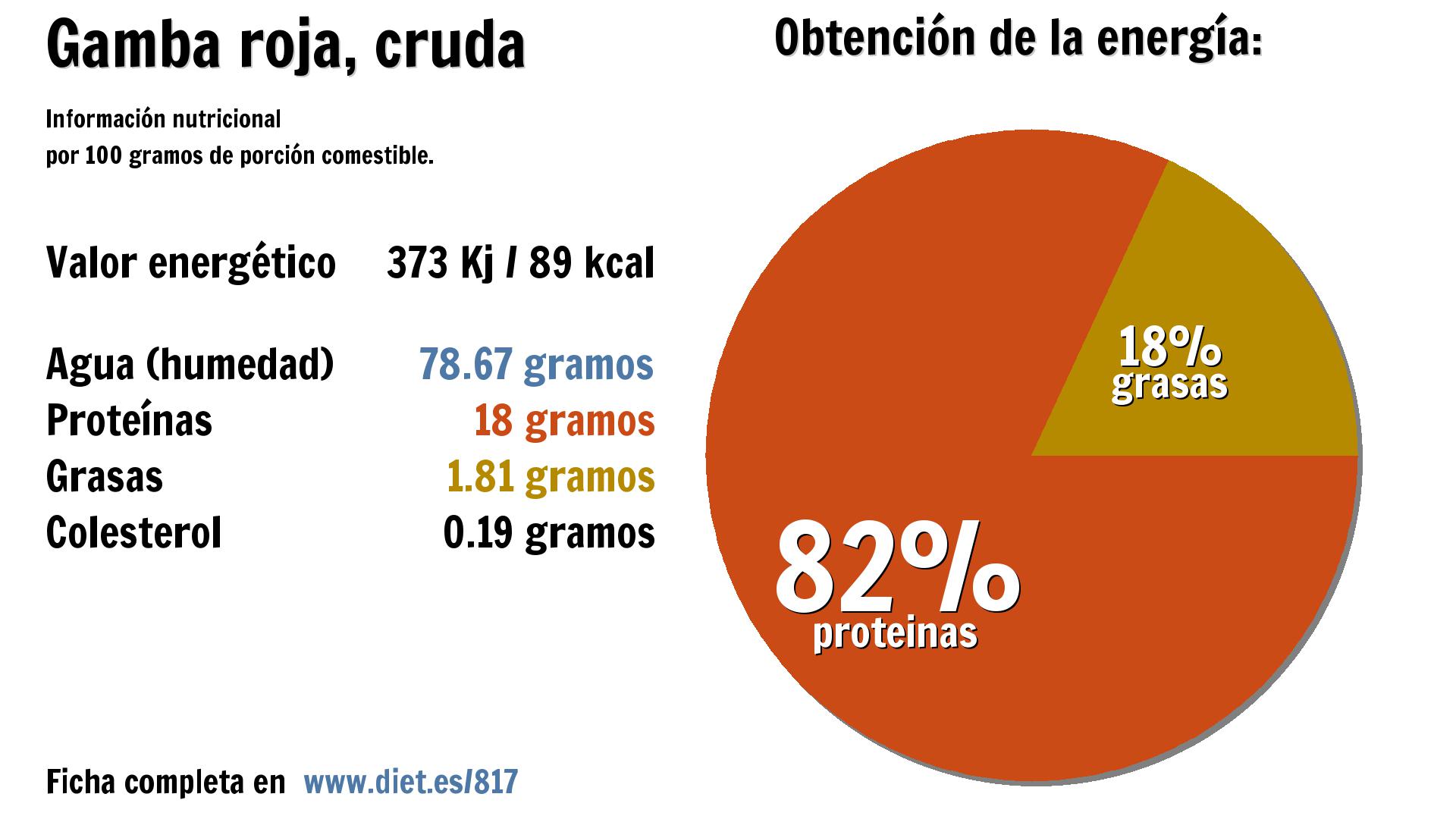 Gamba roja, cruda: energía 373 Kj, agua 79 g., proteínas 18 g. y grasas 2 g.