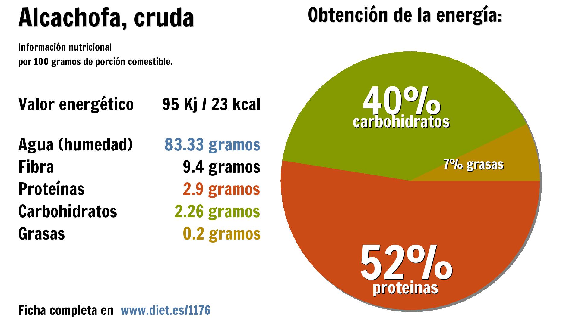 Alcachofa, cruda: energía 95 Kj, agua 83 g., fibra 9 g., proteínas 3 g. y carbohidratos 2 g.