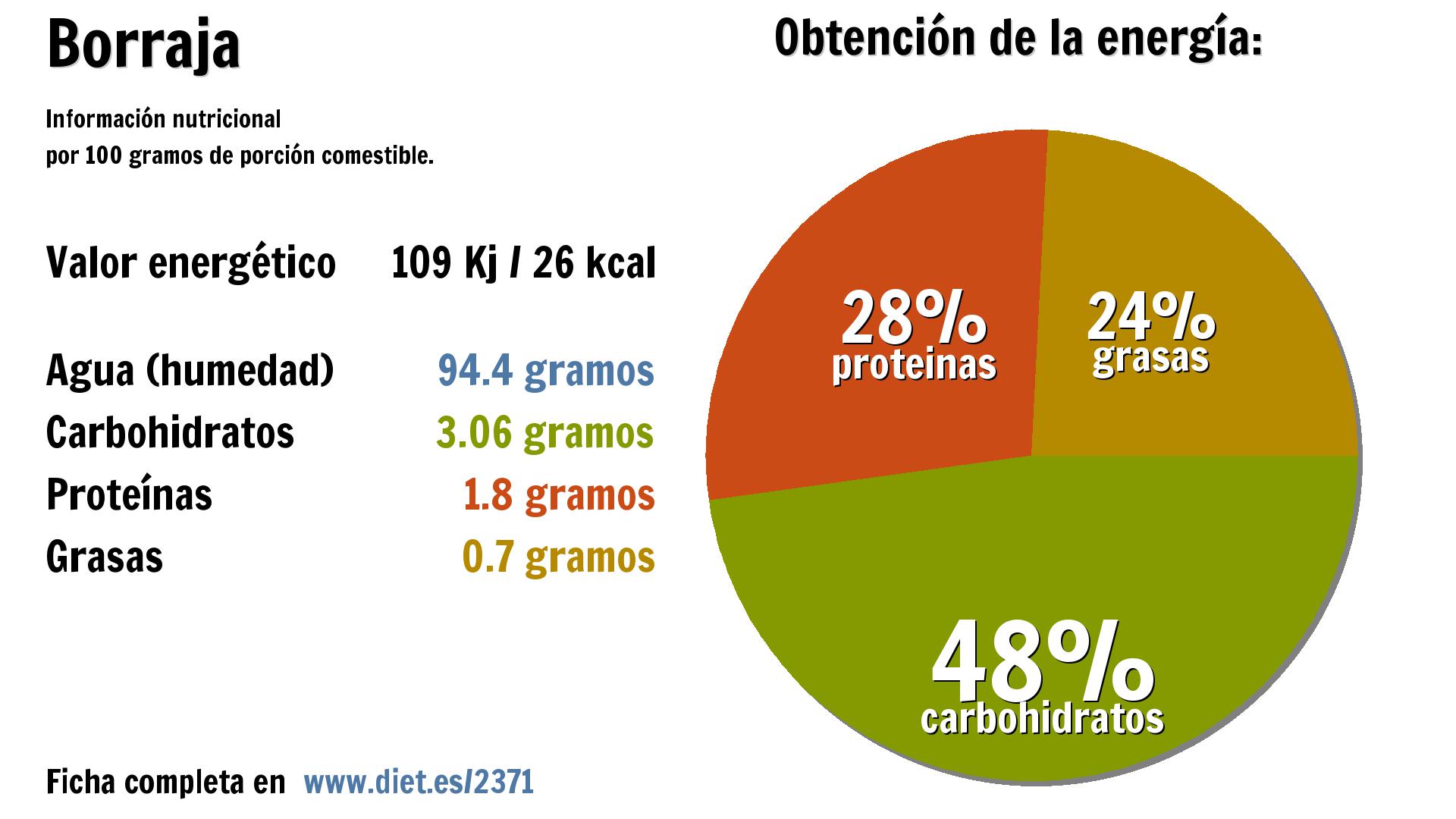 Borraja: energía 109 Kj, agua 94 g., carbohidratos 3 g., proteínas 2 g. y grasas 1 g.