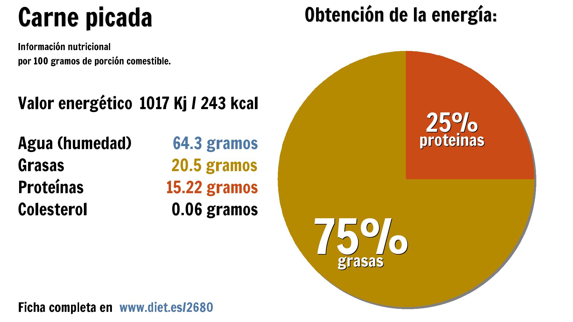 Carne picada: energía 1017 Kj, agua 64 g., grasas 21 g. y proteínas 15 g.