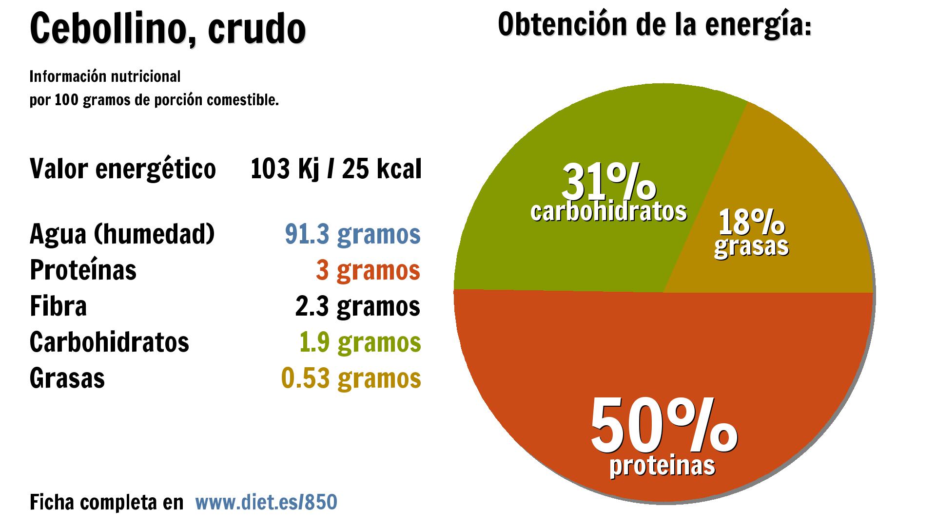 Cebollino, crudo: energía 103 Kj, agua 91 g., proteínas 3 g., fibra 2 g., carbohidratos 2 g. y grasas 1 g.