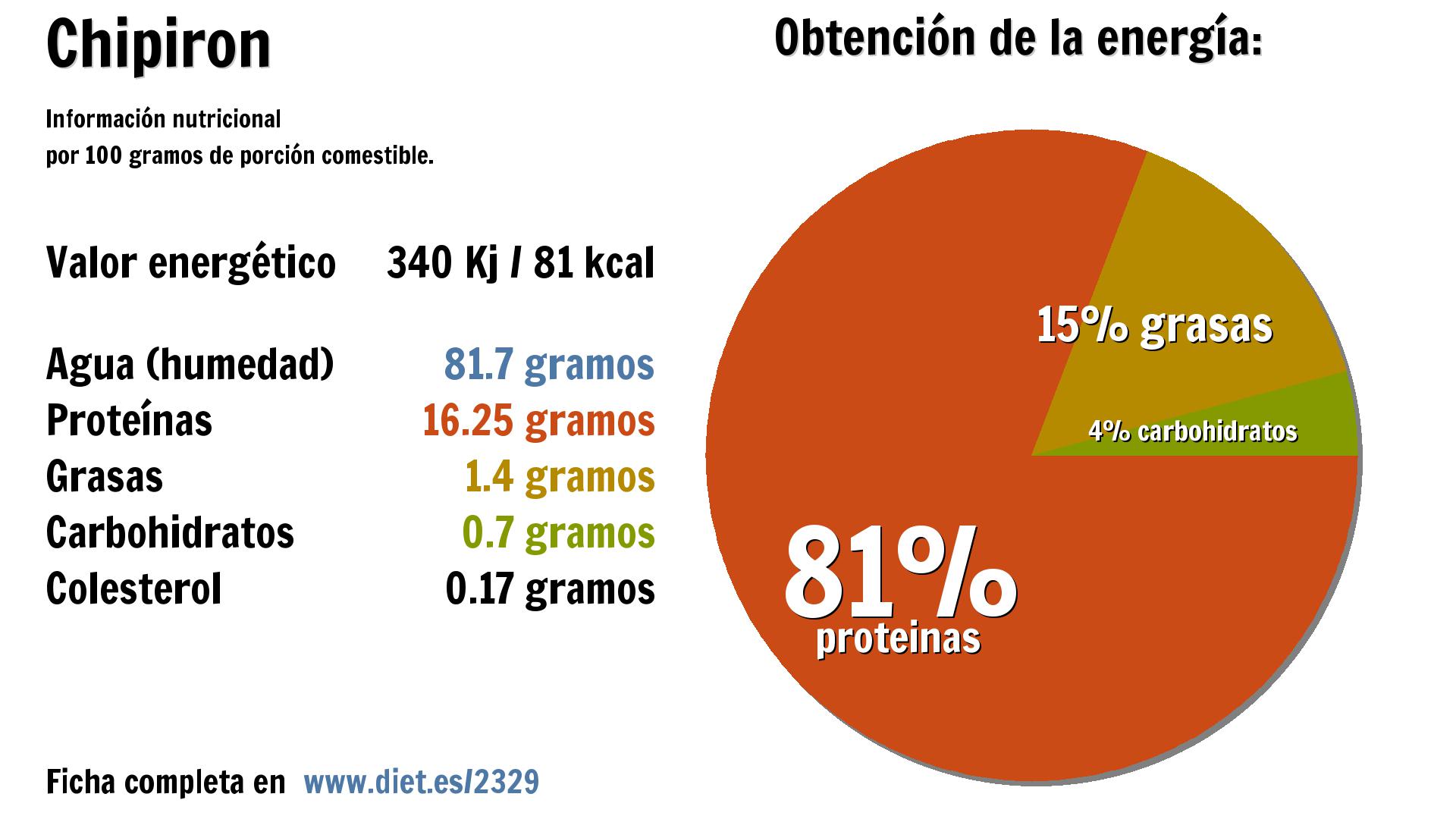 Chipiron: energía 340 Kj, agua 82 g., proteínas 16 g., grasas 1 g. y carbohidratos 1 g.
