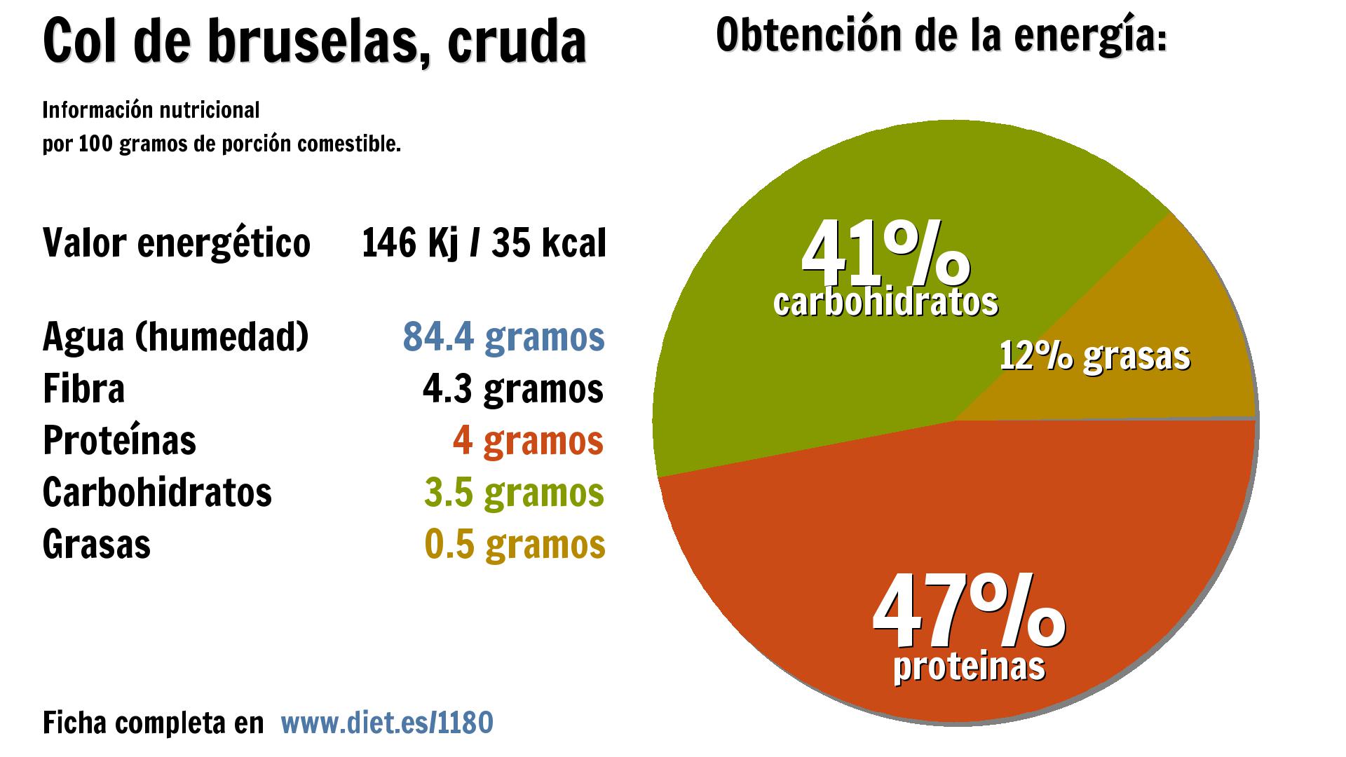 Col de bruselas, cruda: energía 146 Kj, agua 84 g., fibra 4 g., proteínas 4 g., carbohidratos 4 g. y grasas 1 g.