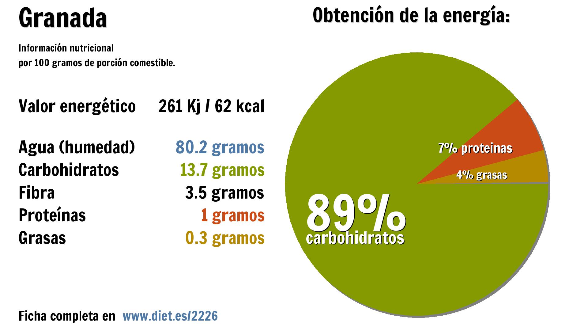 Granada: energía 261 Kj, agua 80 g., carbohidratos 14 g., fibra 4 g. y proteínas 1 g.