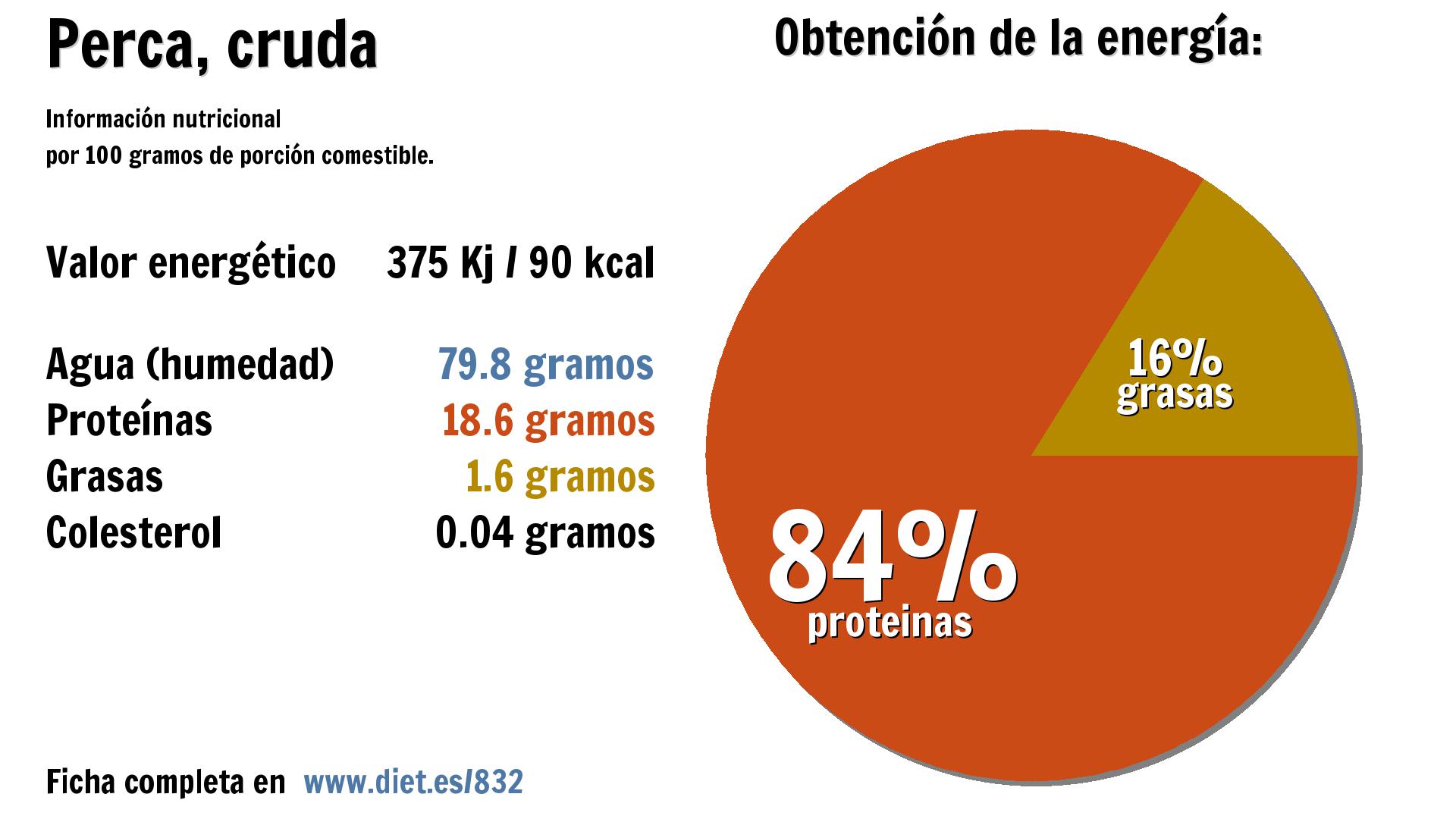 Perca, cruda: energía 375 Kj, agua 80 g., proteínas 19 g. y grasas 2 g.