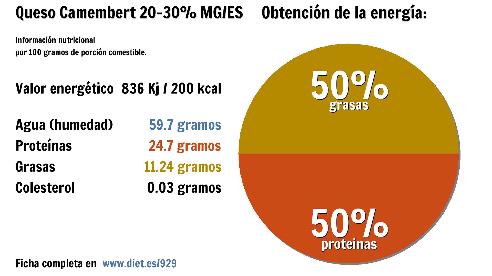 Queso Camembert 20-30% MG/ES: energía 836 Kj, agua 60 g., proteínas 25 g. y grasas 11 g.