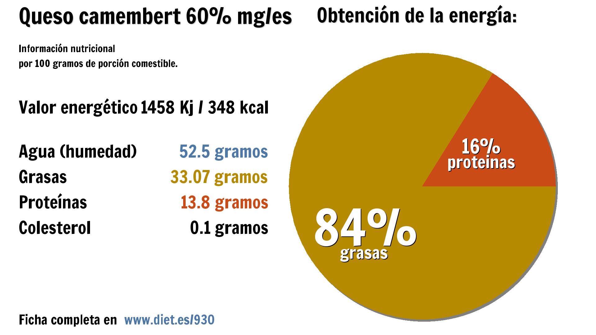 Queso camembert 60% mg/es: energía 1458 Kj, agua 53 g., grasas 33 g. y proteínas 14 g.