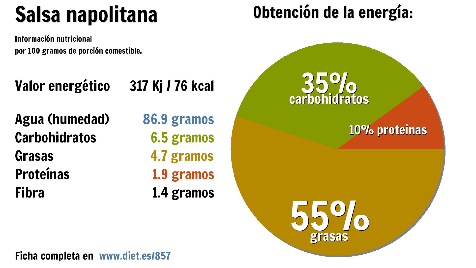 Salsa napolitana: energía 317 Kj, agua 87 g., carbohidratos 7 g., grasas 5 g., proteínas 2 g. y fibra 1 g.