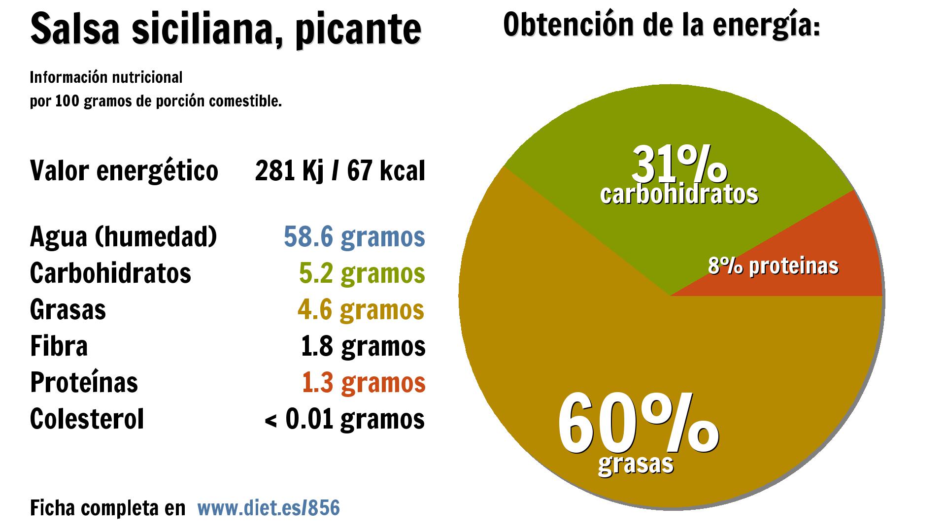 Salsa siciliana, picante: energía 281 Kj, agua 59 g., carbohidratos 5 g., grasas 5 g., fibra 2 g. y proteínas 1 g.