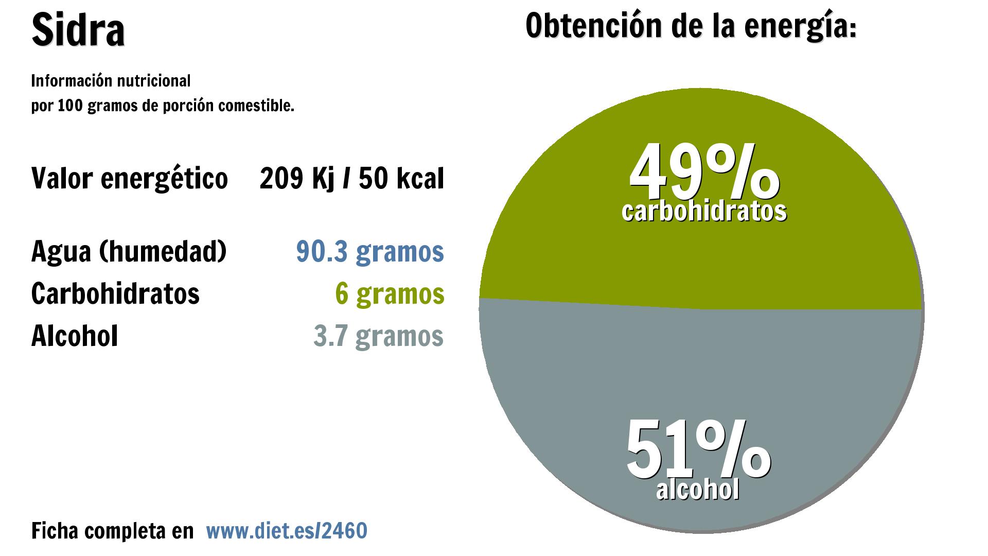 Sidra: energía 209 Kj, agua 90 g., carbohidratos 6 g. y alcohol 4 g.
